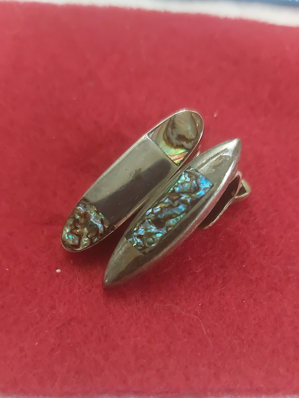 Vintage Mexican Alpaca Silver & Inlaid Abalone Shell Tie Clips/Clasps - Set of 2
